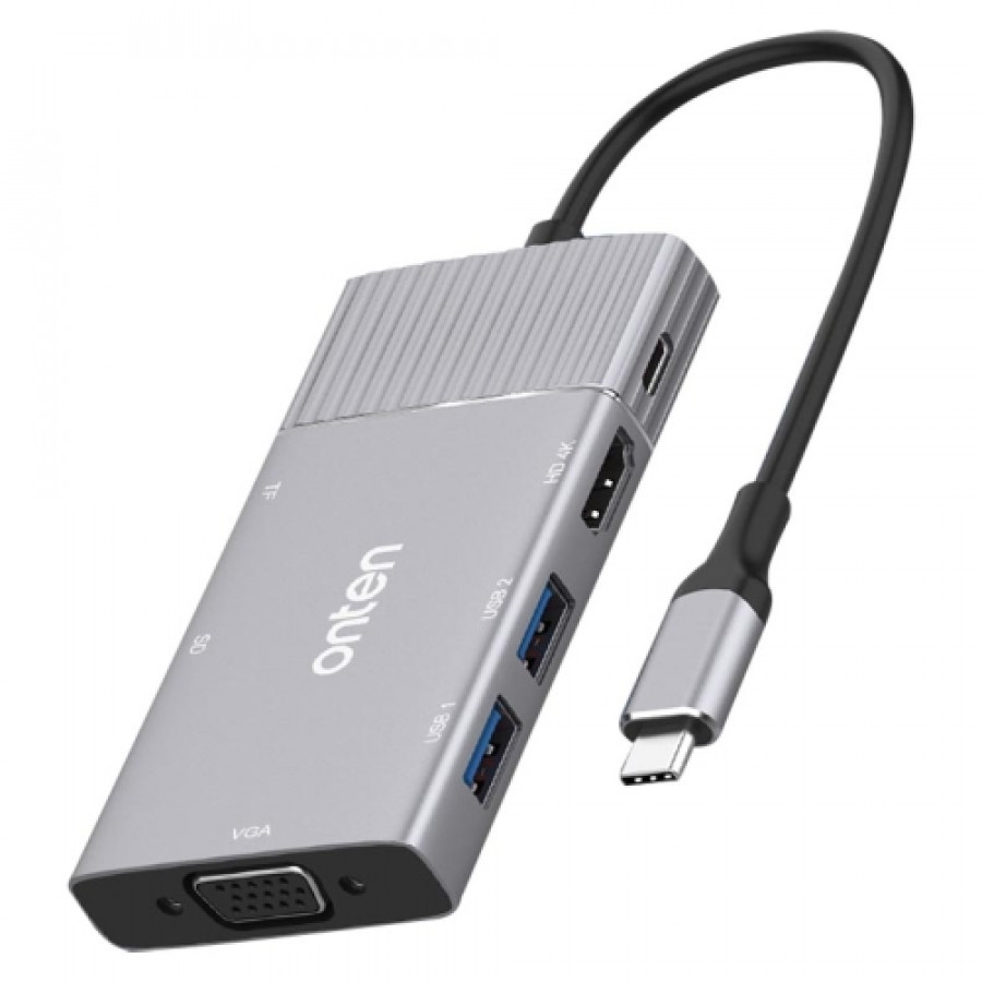 Onten 95113 8in1 USB 3.0 x2 + SD / TF + HDMI / VGA + 3.5mm + Type-C / USB-C (PD 3,0) Monitoiminen HUB adapteri