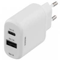 DELTACO seinälaturi 5V USB, 3A 15W , 1x USB-C, 1x USB Type A, valkoinen