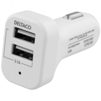 DELTACO autolaturi, 2 x USB-A, 12 - 24 V, 2,1 A, 10 W, valkoinen