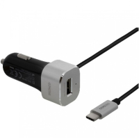 DELTACO 1m 5,4A, 1x USB-C uros + 1x USB Type A naaras, USB-autolaturi, 12-18V sisääntulo, musta/hopea