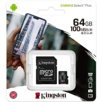 KINGSTON 64GB microSDXC, L 100MB/s K 85MB/s, muistikortti, Canvas Select Plus 100R A1 C10 Card + ADP