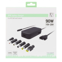 DELTACO virtasovitin, 90 W, 6 vaihtopäätä, HP, Dell, Lenovo, USB, musta