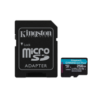 KINGSTON 256GB microSDXC, jopa 170 MB/s nopeus, Canvas Go Plus 170R W90 A2 U3 V30 Card + ADP