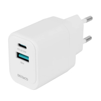 Deltaco 22.5W verkkovirtalaturi, USB-C 20W PD  + USB-A 18W, valkoinen, 15+15w