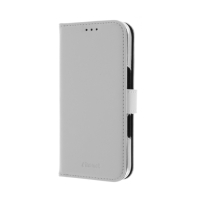 aidosta nahasta käsintehty Flip kotelo iPhone 17 Pro:lle, valkoinen kolmella luottokortti paikalla sekä isolla taskulla. Korttipaikat RFID suojattu etälukemiselta.