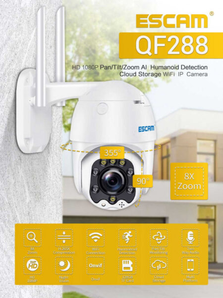 ESCAM QF288 FHD 1080P IP66, 8 X optinen zoomaus / Pan / Tilt, AI tuki, WiFi IP-kamera, tuki yönäölle / MicroSD kortti / Kaksisuuntainen ääni. - Image 2