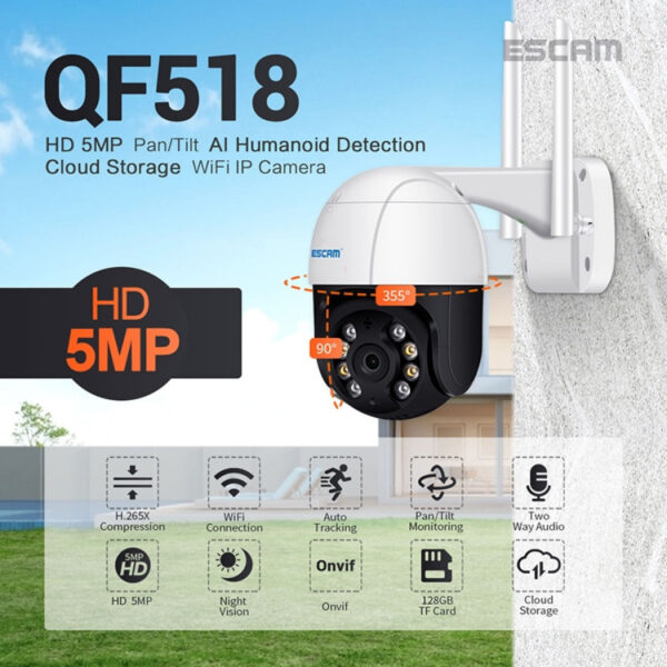 ESCAM QF518 5MP Smart WiFi IP-kamera, Ai henkilö tunnistus / Automaattinen seuranta / Yönäkö kaksoisvaloilla, Kaksisuuntainen Audio / MicroSD, IP66, ONVIF, iCsee APP - Image 2