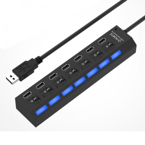 USB jakaja, 7 porttia, USB hub 480Mbps, ON /OFF-kytkin, 7 LEDiä (musta)