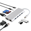 11-in-1 USB-C HUB, VGA + LAN-portti + 4 x USB 3.0 + SD / TF kortti + HDMI + ääniportti + USB-C PD, hopea