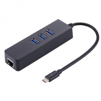 Smartte USB-C / Type-C ↔ 3x USB 3.0 HUB + RJ-45 Gigabitin Ethernet-sovitin, Windows / MacOS, monitoiminen adapteri