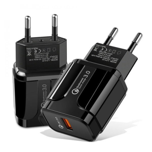Pikalaturi 18W QC3.0 DC5V/3A, DC9V/2A, DC12V/1.6A USB-A portti (musta) seinälaturi, Celbro