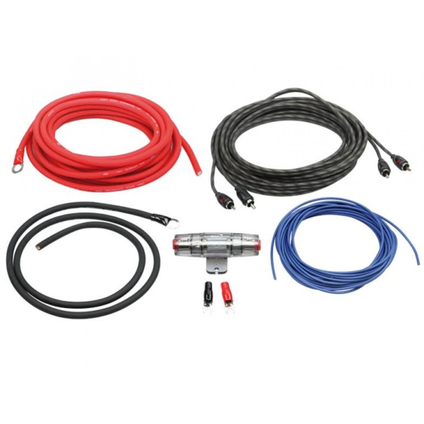 ACV LK-10 vahvistimen asennustarvikkeet yhdessä paketissa. 10mm² virta- ja maadoituskaapelilla.