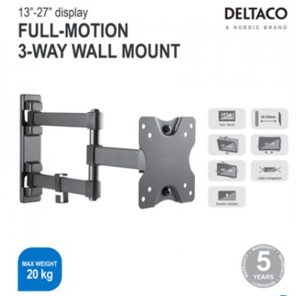DELTACO näytön seinäteline, 13" - 27", korkeintaan 20 kg, kallistus, akselin ympäri kääntäminen, tason säätö - Image 2