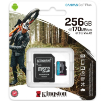 KINGSTON 256GB microSDXC, jopa 170 MB/s nopeus, Canvas Go Plus 170R W90 A2 U3 V30 Card + ADP