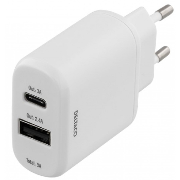 DELTACO seinälaturi 5V USB, 3A 15W , 1x USB-C, 1x USB Type A, valkoinen