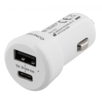 DELTACO autolaturi USB-C- ja USB-A-liitännöillä, 10 - 30 V sisääntulo, 5 V 3 A 15 W ulostulo, USB-C naaras, USB-A naaras, valkoinen