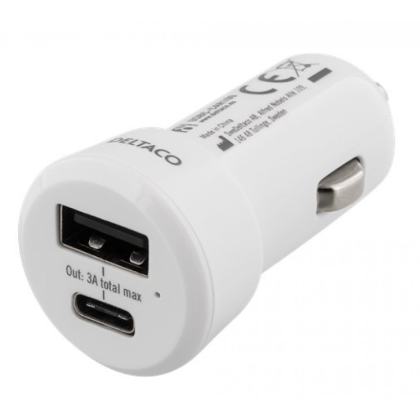 DELTACO autolaturi USB-C- ja USB-A-liitännöillä, 10 - 30 V sisääntulo, 5 V 3 A 15 W ulostulo, USB-C naaras, USB-A naaras, valkoinen