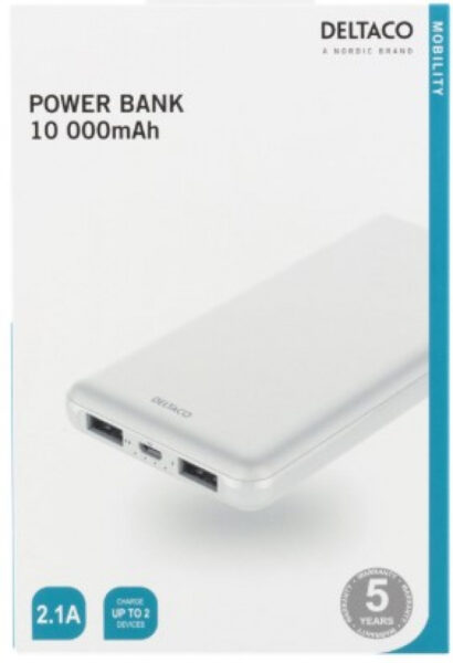 Varavirtalähde, 10000 mAh, 2 x USB-A, 2,1A, LED-merkkivalo, valkoinen Deltaco - Image 2
