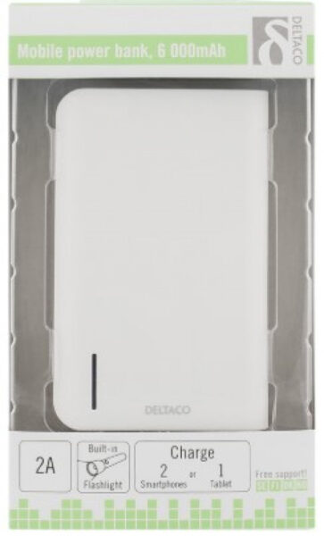 Varavirtalähde, 6000 mAh, 2A, 2xUSB, taskulamppu, valkoinen Deltaco - Image 2