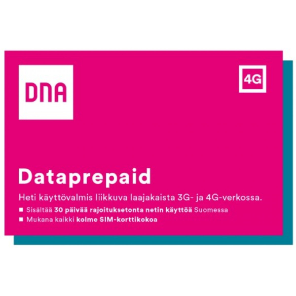 DNA Dataprepaid, 1kk, 4G/3G Maks. nopeus 300Mbit/s, kuukausimaksuton mobiililaajakaista