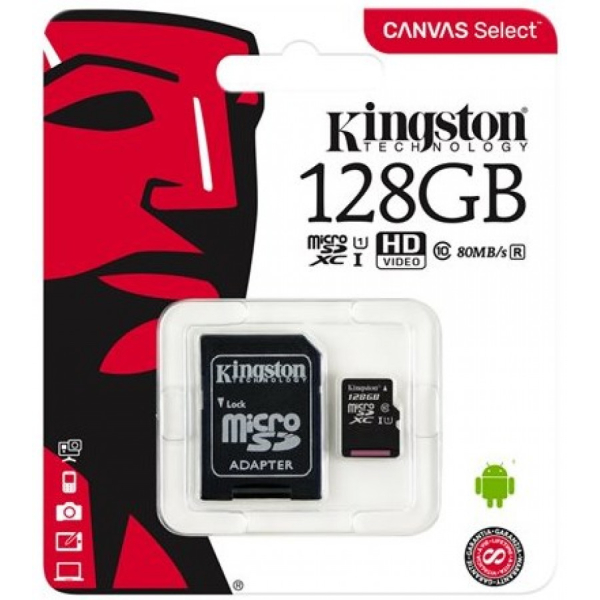 KINGSTON microSD 128GB Canvas Select class 10 UHS-I speed upto 80MB/s