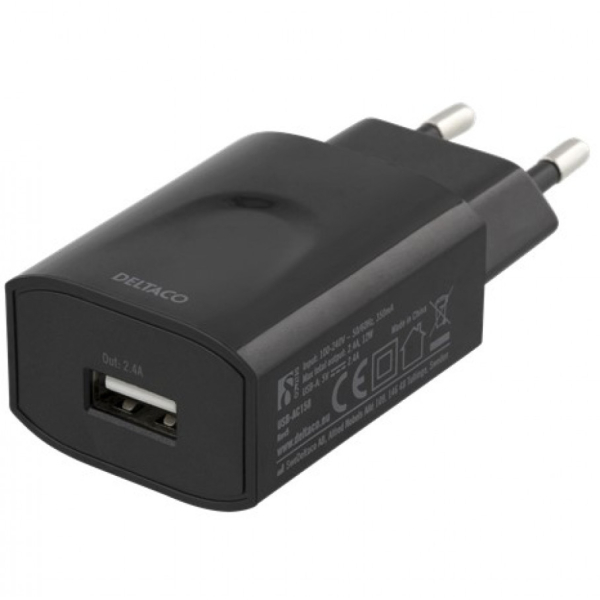 DELTACO 2,4 A, 12 W seinälaturi, 5V, USB, 1 USB-A-portti, musta