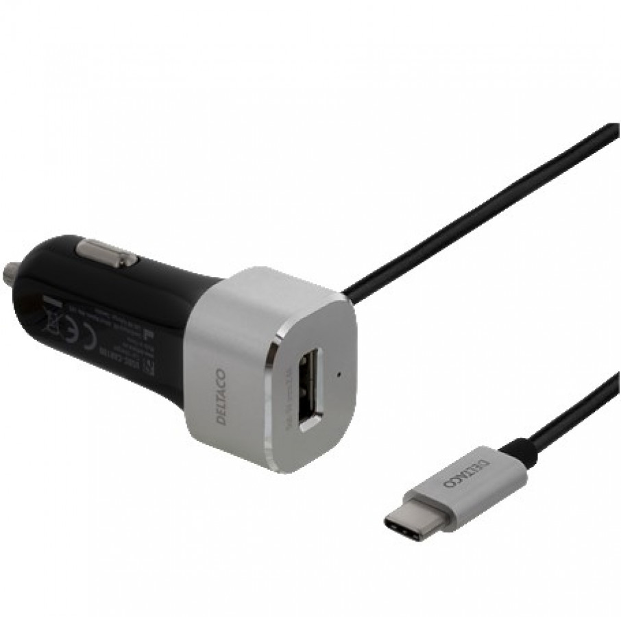 DELTACO 1m 5,4A, 1x USB-C uros + 1x USB Type A naaras, USB-autolaturi, 12-18V sisääntulo, musta/hopea - Image 2