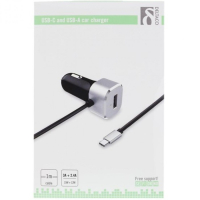 DELTACO 1m 5,4A, 1x USB-C uros + 1x USB Type A naaras, USB-autolaturi, 12-18V sisääntulo, musta/hopea