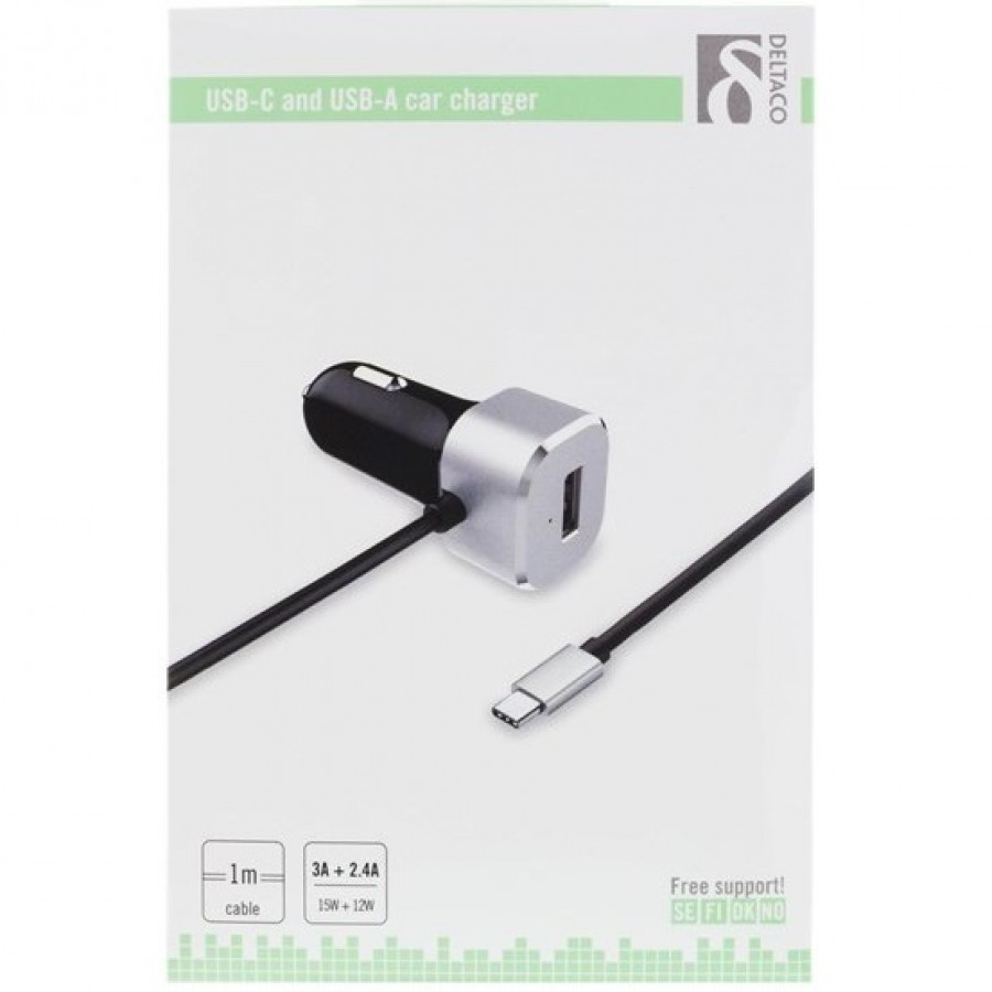 DELTACO 1m 5,4A, 1x USB-C uros + 1x USB Type A naaras, USB-autolaturi, 12-18V sisääntulo, musta/hopea