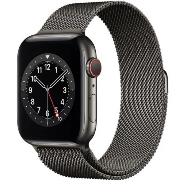 Apple Watch 44mm Series 6 GPS + Cellular 4G LTE älykello, grafiitinharmaa ruostumaton teräskuori sekä grafiitinharmaa milanolaisranneke M09J3KS/A