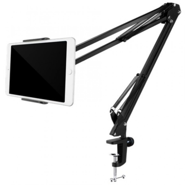 DELTACO 4"- 12,9" tabletin tai puhelimen yleisteline, puristinkiinnitys, kääntyy 360°, musta
