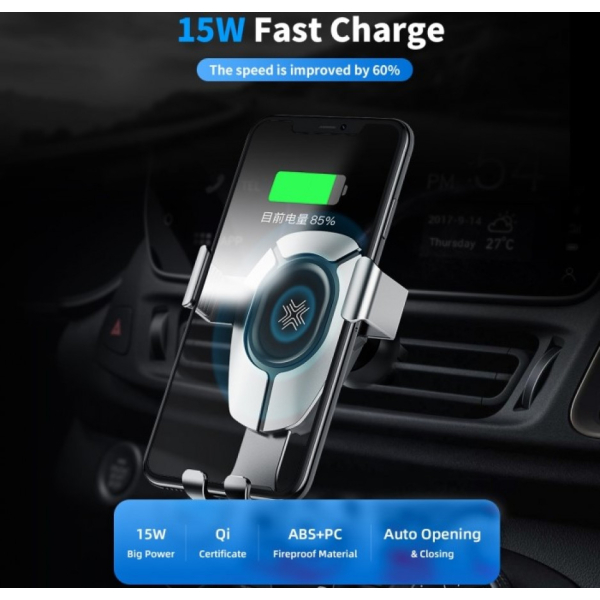 Puhelimen autoteline 15W langattomalla latauksella, Qi, kiinnitys tuuletinritilään, W25 ROCK
