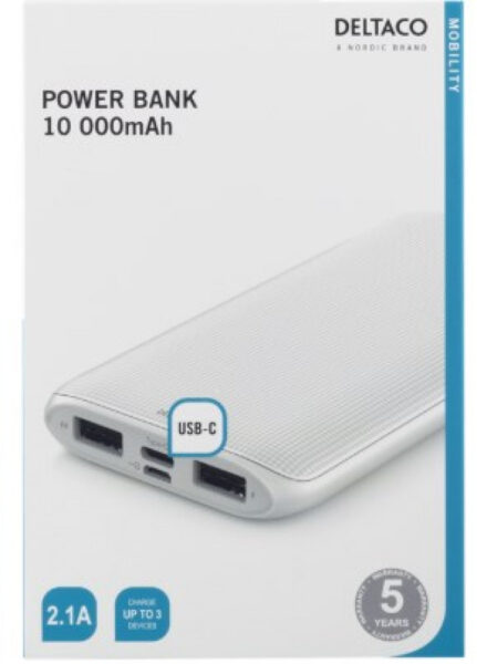 Varavirtalähde, 10000 mAh, 2.1A, USB, litiumpolymeeri, valkoinen, DELTACO - Image 2
