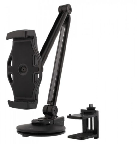 Puhelimen tai tabletin yleispidike, 4" - 12,2", puristin- tai imukuppikiinnitys, kääntyy 360 astetta, musta, pöytäteline, Deltaco - Image 2