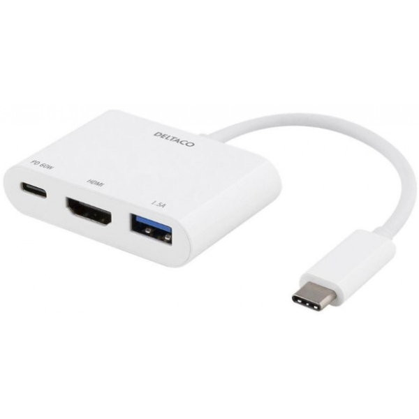USB-C-telakointiasema, HDMI/USB-A/USB-C, 60 W USB-C PD, valkoinen DELTACO