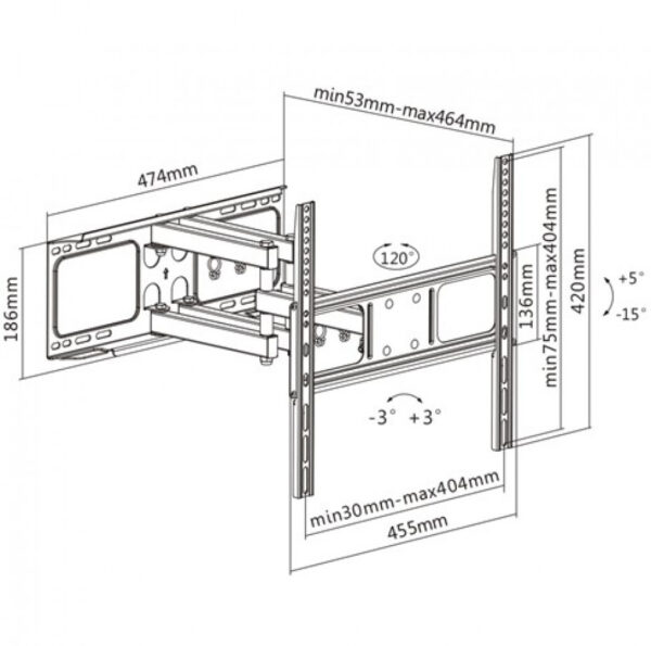 DELTACO näytön seinäteline, 32" - 55", maks. 40kg, kallistus, kääntäminen, VESA, musta - Image 2