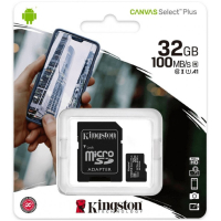 KINGSTON 32GB microSDHC lukunopeus jopa 100 MB/s, Canvas Select Plus 100R A1 C10