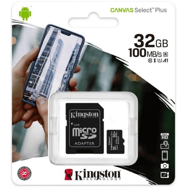 KINGSTON 32GB microSDHC lukunopeus jopa 100 MB/s, Canvas Select Plus 100R A1 C10