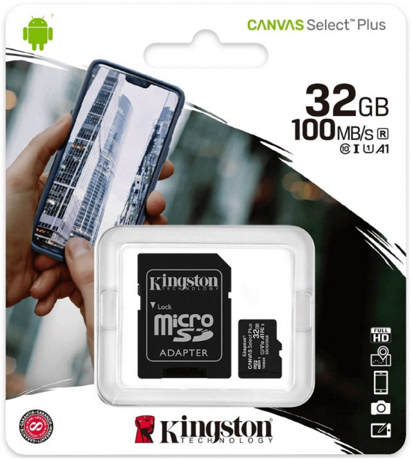 KINGSTON 32GB microSDHC lukunopeus jopa 100 MB/s, Canvas Select Plus 100R A1 C10