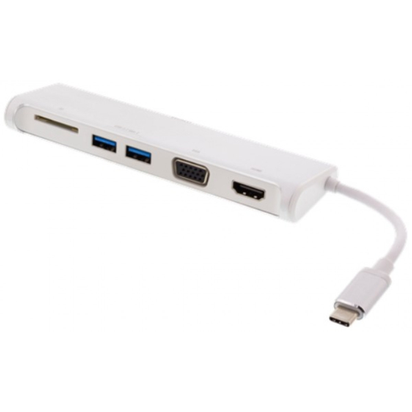 USB-C-hubi, 1 x HDMI (4K 30 Hz), 1 x VGA, 2 x USB-A 3.1, 1 x SD-muistikortinlukija, valkoinen DELTACO