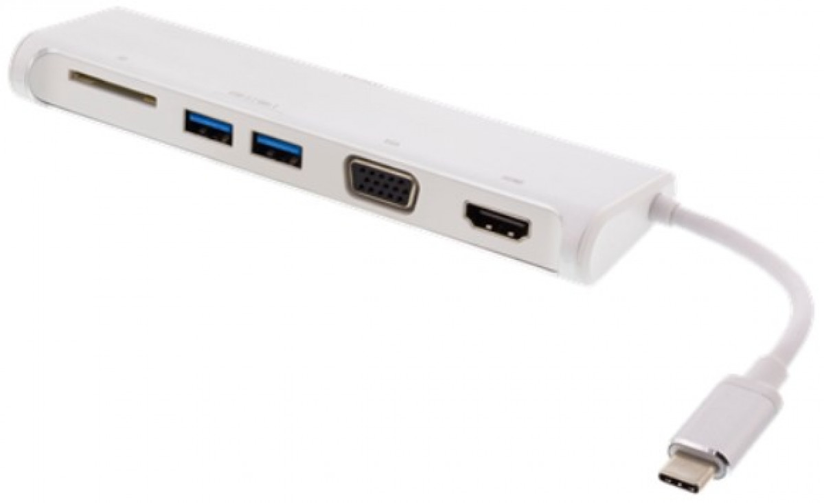 USB-C-hubi, 1 x HDMI (4K 30 Hz), 1 x VGA, 2 x USB-A 3.1, 1 x SD-muistikortinlukija, valkoinen DELTACO