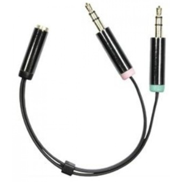 Äänisovitin 3,5mm mikrofoni uros ja 3,5mm stereo uros - 3,5mm naaras, 4-pin, 0,1m, musta DELTACO