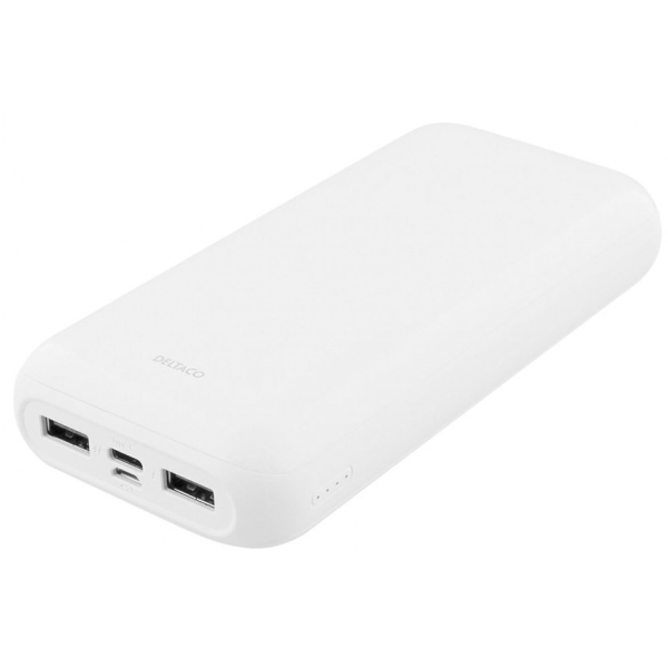 Deltaco 20000mAh, USB-C, 2x USB-A -varavirtalähde, Valkoinen