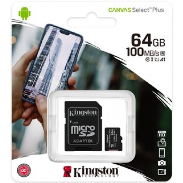KINGSTON 64GB microSDXC, L 100MB/s K 85MB/s, muistikortti, Canvas Select Plus 100R A1 C10 Card + ADP
