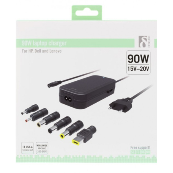 DELTACO virtasovitin, 90 W, 6 vaihtopäätä, HP, Dell, Lenovo, USB, musta