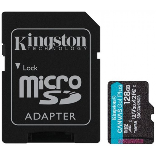 KINGSTON 128GB microSDXC, luku 170 MB/s, kirjoitus 90 MB/s, Canvas Go Plus 170R A2 U3 V30 Card