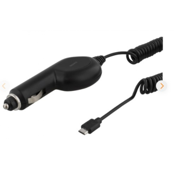 DELTACO Autolaturi, Micro USB, 1A, 12-24V, 1m kierrekaapeli, musta