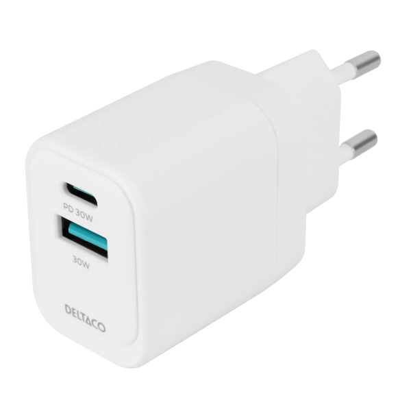 Deltaco 1x USB-A 30W + 1x USBC PD 30 W, PPS Samsung 25W, 20W Max seinälaturi