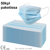 50kpl suu-nenäsuojusta paketissa, 3-kerroksinen materiaali ja muotoiltava nenäkappale sekä korvien taakse asetettavat kumilenkit.