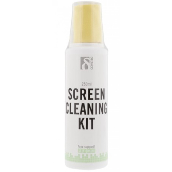 DELTACO näytönpuhdistussetti kaiken tyyppisille näytöille, 250ml, mukana mikrokuituliina